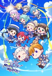 >_o 6+girls :d ;d absurdres aqua_hair arashi_chisato black_hair blonde_hair blue_dress blue_eyes blue_hair blue_hat blue_sky blush blush_stickers bow braid brown_eyes brown_hair center-flap_bangs chibi chibi_only clouds commentary_request cross-laced_clothes cross-laced_dress day double_bun dress falling green_eyes grey_hair grin hair_bow hair_bun hairband hat hazuki_ren heanna_sumire highres liella!_7th_lovelive!_~fly!_music_world~ looking_at_viewer love_live! love_live!_superstar!! low_twintails mini_hat multiple_girls one_eye_closed onitsuka_natsumi onitsuka_tomari open_mouth open_the_gate!!!_(love_live!) orange_bow orange_hair pink_bow pink_eyes pink_hairband pleated_dress purple_hair red_eyes red_hair sakurakoji_kinako shibuya_kanon short_hair short_sleeves side_braids side_ponytail single_hair_bun sky smile tang_keke twin_braids twintails two_side_up wakana_shiki white_hair white_hat wien_margarete yellow_bow yoneme_mei yumechiku 