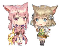  2girls animal_ears belt black_boots blue_eyes blush boots brown_belt brown_hair carbuncle_(final_fantasy) cat_ears cat_tail chibi chibi_only closed_mouth coat collared_shirt commentary_request fang final_fantasy final_fantasy_xiv hand_on_own_hip hand_up hood hood_down hooded_coat khloe_aliapoh long_hair looking_at_viewer medium_hair miqo'te momoko_(momopoco) multiple_girls open_mouth pink_coat pink_eyes pink_hair raised_eyebrows shirt shoes shoulder_belt simple_background skin_fang skirt smile standing t'kebbe tail waving white_background white_shirt white_shoes white_skirt wing_collar 
