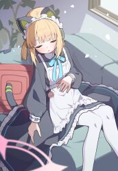 1girl absurdres animal_ear_headphones animal_ears apron black_dress blonde_hair blue_archive blue_ribbon blush cat_ear_headphones cat_ears cat_tail commentary_request dress fake_animal_ears fake_tail feet_out_of_frame halo headphones highres indoors intentionally_missing_halo long_sleeves maid_apron maid_headdress midori_(blue_archive) midori_(maid)_(blue_archive) missing_halo momoi_(blue_archive) neck_ribbon official_alternate_costume open_mouth out_of_frame pantyhose ribbon sitting sleeping solo tail toki_kimagure white_apron white_pantyhose 