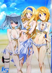  :d absurdres arms_behind_back artist_request bare_shoulders beach bikini blonde_hair blue_eyes blush body_blush breast_hold breasts cecilia_alcott charlotte_dunois cleavage curly_hair eyepatch frilled_bikini frills front-tie_top highres infinite_stratos jewelry laura_bodewig long_hair mound_of_venus navel open_mouth pendant red_eyes sarong scan silver_hair smile standing swimsuit thigh_strap twintails violet_eyes volleyball_net white_bikini white_swimsuit wristband 