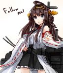  1girl ahoge blush brown_hair detached_sleeves double_bun hairband japanese_clothes kantai_collection kongou_(kantai_collection) kou_mashiro long_hair long_sleeves open_mouth personification simple_background skirt smile solo white_background wide_sleeves 