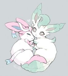  blush brown_eyes closed_mouth commentary heart highres leafeon looking_at_viewer lovewolf5122 lying no_humans open_mouth pokemon pokemon_(creature) pokemon_focus simple_background smile sylveon untranslatable_commentary 