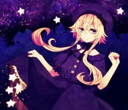  1girl asada_ryou black_ribbon blonde_hair blue_eyes bow buttons choker closed_mouth clothes_lift commentary cowboy_shot fingernails frilled_choker frills hand_up hat highres long_sidelocks looking_at_viewer neck_ribbon night original outdoors petticoat puffy_short_sleeves puffy_sleeves purple_bow purple_choker purple_hat purple_shirt ribbon shirt short_hair_with_long_locks short_sleeves sidelocks skirt skirt_lift sky solo standing star_(sky) star_(symbol) star_button starry_sky untranslatable_commentary 