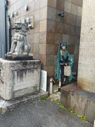  1girl absurdres alley aqua_eyes aqua_hair aqua_nails aqua_necktie aqua_skirt bag bare_shoulders black_boots black_skirt black_sleeves boots collared_shirt colored_skin commentary detached_sleeves full_body grey_shirt hair_between_eyes hair_ornament hatsune_miku headset highres holding holding_bag konzinho_ask lace-trimmed_shirt lace_trim long_hair looking_ahead looking_at_viewer multicolored_skin necktie open_mouth outdoors parted_lips photo-referenced photo_background shirt sign skirt sleeveless sleeveless_shirt solo standing statue striped_clothes thigh-highs thigh_boots twintails two-tone_skin underwear untranslatable_commentary v very_long_hair vocaloid 