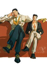  2boys absurdres black_hair black_jacket black_shoes commentary couch crocodile_(one_piece) crossed_legs dazuzuzu dracule_mihawk green_necktie highres hook_hand jacket looking_at_viewer male_focus mature_male multiple_boys necktie one_piece pants shoes short_hair sitting stitched_face stitches untranslatable_commentary v-shaped_eyebrows white_jacket white_pants 