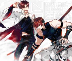  2boys absurdres bicep_strap black_eyes black_shirt coat commentary_request earclip earrings fate/grand_order fate_(series) greyscale hair_over_one_eye harada_sanosuke_(fate) highres holding jacket jewelry long_sleeves male_focus monochrome multiple_boys red_eyes red_hair scar scar_on_arm shirt short_hair sleeveless smile takasugi_shinsaku_(fate) takasugi_shinsaku_(first_ascension)_(fate) toned toned_male u_5ham0 weapon white_coat white_jacket 