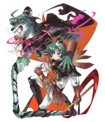  1boy alternate_form animal_ears armor breastplate dark_persona dual_persona ephraim_(fire_emblem) ephraim_(sky_lance)_(fire_emblem) fangs fire_emblem fire_emblem:_the_sacred_stones fire_emblem_shadows furry furry_male green_eyes green_hair highres male_focus official_alternate_design short_hair simple_background t1nal tail tiger_boy tiger_ears white_background 