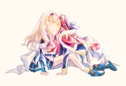  2girls between_legs blonde_hair bow brown_hair brown_headband closed_eyes couple face-to-face hair_ornament hairclip hands_on_ground headband highres imminent_kiss kiss long_hair military_combat_uniform military_uniform multiple_girls pleated_skirt purple_bow purple_ribbon ribbon saijou_claudine shoujo_kageki_revue_starlight skirt tendou_maya white_background yuri 