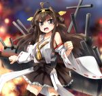  1girl bare_shoulders black_legwear blush boots brown_hair detached_sleeves double_bun grey_eyes grune heart kantai_collection kongou_(kantai_collection) long_hair nontraditional_miko pleated_skirt ribbon_trim skirt solo thigh_boots thighhighs tongue tongue_out wink zettai_ryouiki 