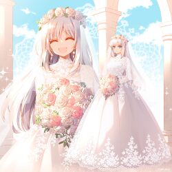  1girl bouquet dress fantasy flower holding holding_bouquet looking_at_viewer original rose sky standing usui_rina wedding wedding_dress white_dress white_flower white_rose 