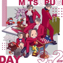  3llo_3 4boys ace_attorney ace_attorney_investigations age_comparison aged_down among_us ascot black-framed_eyewear black_shoes black_vest blue_bow blue_bowtie border bow bowtie buttons chair character_doll character_name chess_piece chessboard child cosplay crossed_legs curtained_hair dated disembodied_hand doll doll_on_shoulder english_text envelope fedora flower flower_pot flower_request frown glasses grey_background grey_hair hand_on_own_leg hat highres holding holding_doll jacket lapels long_sleeves looking_ahead looking_at_another looking_at_object looking_back looking_to_the_side male_focus miles_edgeworth miles_edgeworth_(cosplay) multiple_boys multiple_persona nesoberi notched_lapels outside_border over-rim_eyewear pants phoenix_wright:_ace_attorney_-_dual_destinies phoenix_wright:_ace_attorney_-_spirit_of_justice phoenix_wright:_ace_attorney_-_trials_and_tribulations picture_frame purple_flower raised_eyebrows red_(among_us) red_flower red_jacket red_pants red_rose red_shoes red_suit rolling_suitcase rose semi-rimless_eyewear shirt shoes short_hair sideways_glance signature sitting smile squatting suit suitcase table time_paradox trophy twitter_username unworn_headwear unworn_jacket v-shaped_eyebrows vest white_ascot white_border white_shirt 