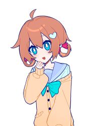  1girl :d absurdres aqua_bow aqua_bowtie blue_eyes blue_sailor_collar bow bowtie brown_hair cardigan clenched_hand collarbone english_commentary fang hair_between_eyes hair_bow hair_ornament hair_rings hand_up head_tilt heart heart_hair_ornament highres lingyou long_sleeves looking_at_viewer neuro-sama off-shoulder_cardigan official_alternate_hairstyle pink_ribbon puffy_long_sleeves puffy_sleeves ribbon sailor_collar simple_background skin_fang smile solo upper_body vedal_ai white_background yellow_cardigan 