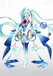  1girl 39 absurdres android aqua_eyes aqua_hair black_gloves blush boots commentary_request dress full_body gloves hair_between_eyes hair_ornament hamada_youho hatsune_miku highres long_hair musical_note musical_note_print musical_staff musical_staff_print open_mouth piapro_studio smile solo thigh_boots twintails very_long_hair vocaloid white_dress 