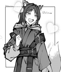 1girl absurdres animal_ears cho_kaguya-hime! commentary fox_ears fox_girl fox_tail greyscale heart heart-shaped_mouth heart-shaped_pupils highres hood hood_down hoodie japanese_clothes kimono medium_hair monochrome open_mouth sakana_(whhy8883) sakayori_iroha solo symbol-shaped_pupils tail 