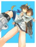  2girls animal_ears brown_eyes brown_hair flying kantai_collection looking_at_viewer miyafuji_yoshika multiple_girls one-piece_swimsuit open_mouth pikomaro sailor short_hair smile strike_witches striker_unit swimsuit tail yukikaze_(kantai_collection) 