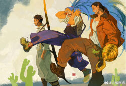  3boys black_hair blue_hair boots brown_boots brown_jacket brown_pants buggy_the_clown cactus chinese_commentary clenched_teeth clown_nose commentary_request crocodile_(one_piece) dazuzuzu dracule_mihawk facial_hair highres hook_hand jacket long_hair male_focus multiple_boys mustache one_piece overalls pants ponytail purple_overalls shirt stitched_face stitches striped_clothes striped_shirt sword sword_on_back teeth very_long_hair weapon weapon_on_back white_pants white_shirt 