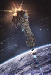  absurdres commentary energy_cannon firing flying glowing highres in_orbit nictanova no_humans orbital_strike planet science_fiction space spacecraft spacecraft_turret star_(sky) thrusters vehicle_focus warhammer_40k 