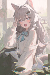  1girl absurdres animal_ear_fluff animal_ears backlighting bird black_skirt blue_bow blush bow breasts bright_background cat_ears cat_girl cat_tail dove drawer_bushi_huajia dress_shirt grey_eyes grey_hair grey_tail hair_between_eyes hair_bow hair_ornament hairclip highres jacket long_hair looking_at_viewer low-tied_sidelocks open_clothes open_jacket open_mouth original overlighting shirt sidelocks sitting skirt small_breasts smile solo tail v white_shirt 