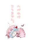  1girl alcohol angeltype bat blue_hair brooch chibi cup hat jewelry o_o open_mouth remilia_scarlet short_hair skirt skirt_set smile solo touhou translation_request wine wine_bottle wine_glass 