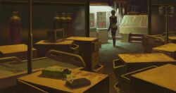  1girl android bed black_hair box chest_of_drawers commentary crt elster_(signalis) english_commentary gas_cylinder highres indoors iv_stand madsraa monitor painterly scenery short_hair signalis standing tile_floor tiles wide_shot 