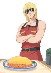  1boy adapted_costume apron bare_arms blonde_hair cactus char_aznable commentary_request crossed_arms food_request gundam kanpa_(campagne_9) naked_apron quattro_bajeena red_apron solo sunglasses white_background zeta_gundam 