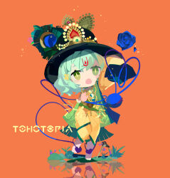  1girl absurdres alternate_costume barefoot black_hat blue_flower blue_rose blush copyright_name eyeball facial_mark flower forehead_mark full_body green_eyes green_hair hat heart heart_of_string highres indian_clothes komeiji_koishi looking_at_viewer official_art open_mouth orange_background reflective_floor rose solo third_eye tohotopia touhou wanzilala16 