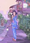  1girl flower hair_flower hair_ornament house japanese_clothes kimono lantern looking_back ozaki_kaori pigeon-toed purple_hair sandals short_hair sidewalk sign solo yukata 
