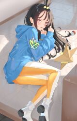  1girl absurdres black_hair blue_hoodie blush boots commentary_request cube_hair_ornament earclip grey_eyes hair_ornament highres hood hood_down hoodie jacket leggings lida_(pokemon) long_hair long_sleeves looking_at_viewer mega_ring on_floor open_mouth orange_leggings poke_ball poke_ball_(basic) pokemon pokemon_(creature) pokemon_legends:_z-a revvie ribbed_socks socks staryu topknot two-tone_legwear white_boots white_leggings wispy_bangs 