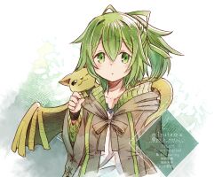  1girl artist_name brown_robe closed_mouth collarbone duel_monster green_eyes green_hair hair_ribbon highres mizutama_(mizutamalion) one_eye_closed petit_dragon ponytail ribbon robe solo_focus twitter_username upper_body watermark wide_sleeves wings wynn_(yu-gi-oh!) wynn_the_wind_charmer yu-gi-oh! 