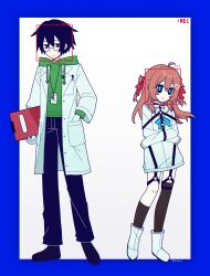  1boy 1girl ? ?? absurdres ahoge alternate_costume asymmetrical_legwear bags_under_eyes black-framed_eyewear black_hair black_pants black_shoes black_socks blue_border blue_eyes blue_ribbon boots border bound bound_arms bound_torso brown_hair chest_harness clipboard closed_mouth coat commentary contrapposto dress english_commentary full_body glasses green_hoodie hair_between_eyes hair_ornament hair_ribbon hand_in_pocket harness heart heart_hair_ornament highres holding holding_clipboard hood hoodie id_card lab_coat lanyard lingyou long_hair long_sleeves looking_at_viewer neck_ribbon neuro-sama no_nose o-ring o-ring_harness o-ring_thigh_strap object_in_pocket pants pen_in_pocket pocket recording rectangular_eyewear red_ribbon ribbon sailor_collar shoes short_dress short_hair signature smile socks standing thigh_strap turtleneck two_side_up uneven_legwear vedal987 vedal_ai viewfinder white_background white_boots white_coat white_dress white_sailor_collar 