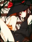  1girl blush brown_hair detached_sleeves hat jack-o&#039;-lantern little_busters!! looking_at_viewer natsume_rin ratsuku_kinoko red_eyes solo witch_hat 