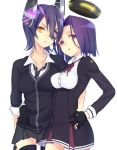  2girls d11 eyepatch fingerless_gloves gloves headgear hug kantai_collection looking_at_viewer mechanical_halo multiple_girls necktie open_mouth personification purple_hair ribbon short_hair tatsuta_(kantai_collection) tenryuu_(kantai_collection) thighhighs violet_eyes yellow_eyes 