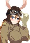  1girl animal_ears aviator_cap blue_eyes bompay breasts charlotte_e_yeager gloves goggles goggles_on_head long_hair military military_uniform orange_hair pilot_suit rabbit_ears smile strike_witches uniform 
