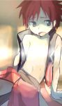  1boy male navel open_clothes open_mouth redhead sitting solo sweat tagme yuki_(vicious) 