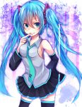  1girl black_legwear blue_eyes blue_hair breasts colored detached_sleeves hatsune_miku long_hair looking_at_viewer nail_polish necktie skirt smile solo thighhighs twintails very_long_hair vocaloid wakatsuki_you 