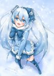  1girl 2013 azumi blue_eyes blue_hair blush bow character_name dated earmuffs fang hand_on_own_chest hatsune_miku headset long_hair mittens open_mouth skirt snow snowing solo thighhighs twintails very_long_hair vocaloid yuki_miku 