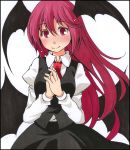  1girl bat_wings blush dress_shirt hands_together head_tilt head_wings juliet_sleeves koakuma long_hair long_sleeves looking_at_viewer low_wings marker_(medium) necktie puffy_sleeves red_eyes redhead s-syogo shikishi shirt simple_background skirt skirt_set smile solo touhou traditional_media vest white_background white_shirt wings 