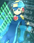  1boy binary brown_hair english gloves green_eyes helmet highres male rockman rockman_exe rockman_exe_(character) solo yuki_(vicious) 