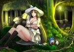  1boy 1girl apple black_hair black_legwear dress food fruit hasshaku-sama hat kneehighs long_hair nekobus red_eyes shibata_kuru studio_ghibli tonari_no_totoro totoro very_long_hair wet wet_clothes 