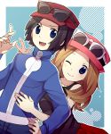  1boy 1girl bare_shoulders black_hair blue_background blue_eyes brown_hair calme_(pokemon) hand_on_hip hat highres hug hug_from_behind jacket long_hair open_mouth pokemon pokemon_(game) pokemon_xy serena_(pokemon) simple_background smile sunglasses tachibana_koyoru v wink 