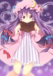  1girl book crescent dress hat oniku-chan open_book patchouli_knowledge purple_hair ribbon solo touhou violet_eyes 