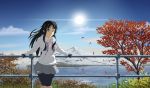  1girl akiyama_mio black_hair clouds hill hime_cut k-on! long_hair looking_at_viewer mountain nature scenery sky smile solo tree 