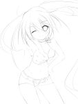  1girl belt bikini_top black_rock_shooter black_rock_shooter_(character) colored highres k-asul lineart long_hair looking_at_viewer monochrome scar shorts smile solo twintails wink 