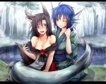 2girls animal_ears blue_eyes blue_hair blush breasts brooch brown_hair collarbone ear_grab fangs forest head_fins imaizumi_kagerou japanese_clothes jewelry kimono lake large_breasts long_sleeves mermaid monster_girl multiple_girls nature obi off_shoulder open_mouth red_eyes ryuuichi_(f_dragon) shirt sitting skirt smile tail tail_hug tail_wrap touhou wakasagihime wide_sleeves wink wolf_ears wolf_tail