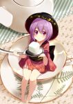  1girl bare_legs barefoot blush bowl cup fujishiro_emyu hat japanese_clothes minigirl purple_hair saucer short_hair smile solo spoon sugar_cube sukuna_shinmyoumaru teacup teapot touhou violet_eyes 