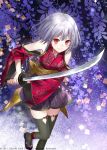  1girl bare_shoulders black_legwear blush braid character_request copyright_request detached_sleeves fukahire_sanba japanese_clothes jewelry katana looking_at_viewer necklace obi red_eyes short_hair silver_hair skirt smile solo sword thighhighs twin_braids weapon wide_sleeves 