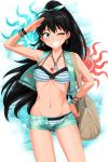  1girl bag bikini black_hair bracelet breasts cleavage earrings ganaha_hibiki green_eyes hair_ribbon hand_on_hip highres idolmaster jewelry long_hair ponytail ribbon salute short_shorts shorts solo striped striped_bikini striped_swimsuit swimsuit tsurui wink 