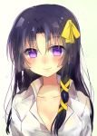  1girl black_hair blush dress_shirt kakizato kurugaya_yuiko little_busters!! long_hair ribbon shirt smile solo violet_eyes 