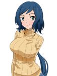  1girl blue_hair breasts green_eyes gundam gundam_build_fighters iori_rinko large_breasts lips long_hair nukosann ribbed_sweater simple_background smile solo sweater turtleneck white_background 