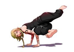  1girl absurdres blonde_hair blush bodysuit bracelet braid capoeira capri_pants feet fighting_stance handstand highres jewelry kicking magion02 medusa_gorgon soles soul_eater tattoo toes tongue yellow_eyes 